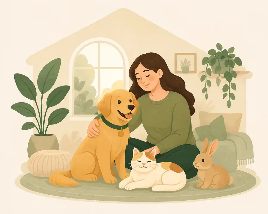 A cozy home with a happy dog and cat resting together