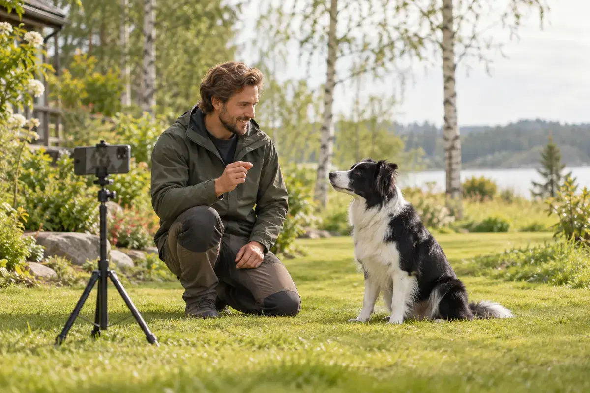 En hundinstruktör filmar en lektion med en border collie i en svensk trädgård