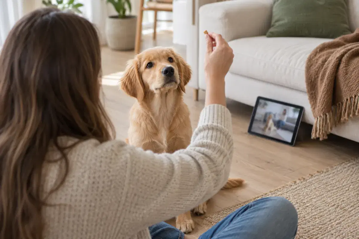En hundägare tränar sin golden retriever-valp hemma medan en videolektion spelas på en surfplatta