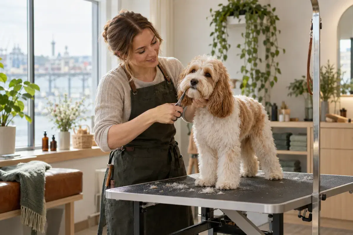 En hundfrisör klipper en cockapoo på ett trimbord i en ljus salong