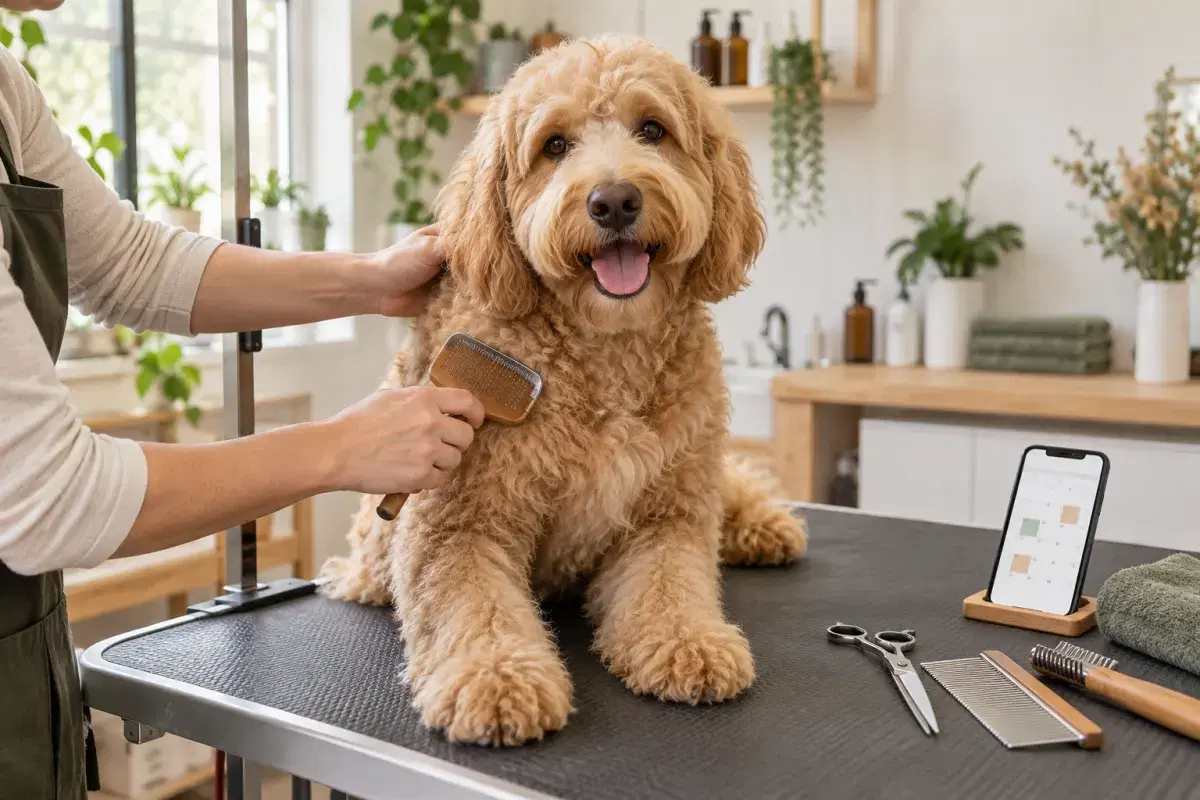 En hundfrisör borstar en goldendoodle bredvid en mobil med en bokningskalender